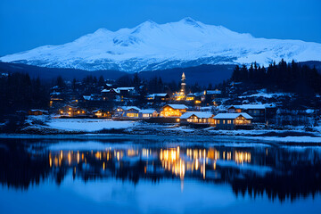 Fototapeta premium Serene winter village nestled beside a tranquil lake, illuminated at twilight, with majestic snow-capped mountains in the background.