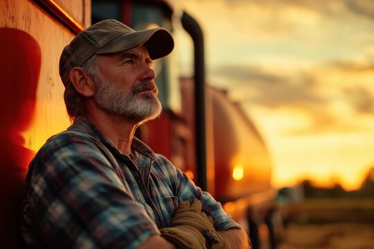 Reflective Farmer Portrait at Sunset: Mature Man in Vintage Checkered Shirt and Cap in Serene Agricultural Landscape