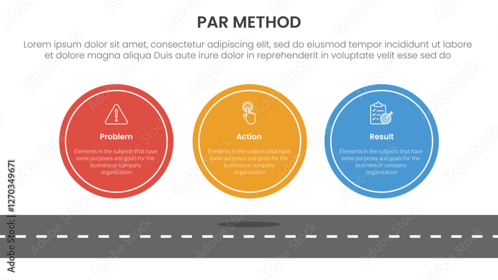 Poster par method infographic 3 point with big circle symmetric horizontal on top of roadway for slide pres