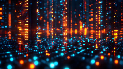 Futuristic Digital Cityscape With Glowing Orange And Blue Lights