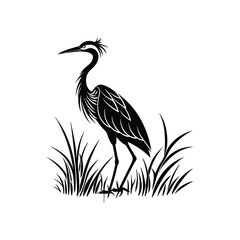 Black and White Heron Bird Silhouette with Grass – Vector Illustration