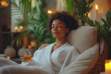 Home Spa Relaxation: African American Woman Enjoying Wellness & Calm in Luxury Setting