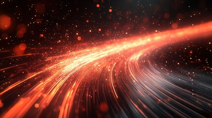 Obraz premium Red light trails curve through dark space, bokeh background, motion design