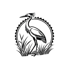Black and White Heron Bird Silhouette with Grass – Vector Illustration
