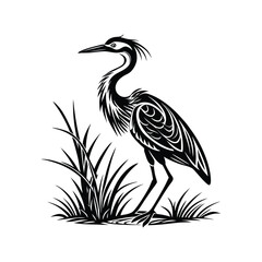 Black and White Heron Bird Silhouette with Grass – Vector Illustration