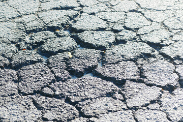 Cracked asphalt surface revealing water pools on sunny day
