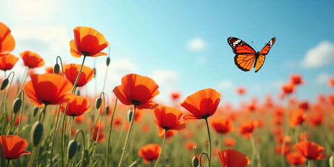 Red poppies in the field. Blooming poppies and butterfly close-up against the blue sky.