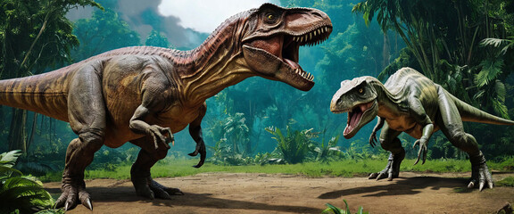 Tyrannosaurus. Battle of prehistoric giant dinosaurs.