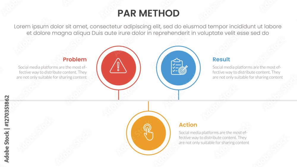 Poster par method infographic 3 point with circle timeline right direction up and down for slide presentati