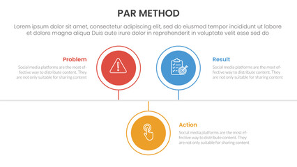 PAR method infographic 3 point with circle timeline right direction up and down for slide presentation