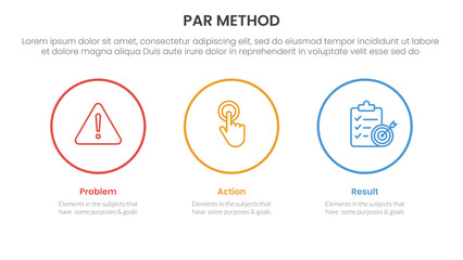 PAR method infographic 3 point with big circle outline horizontal for slide presentation