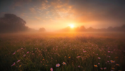 Naklejka premium Serene sunrise over misty meadow, wildflowers bathed in golden light, peaceful landscape photography.