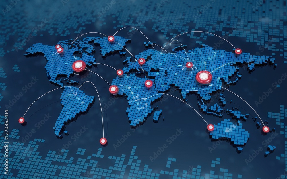 Poster digital world map showing global connectivity with red markers