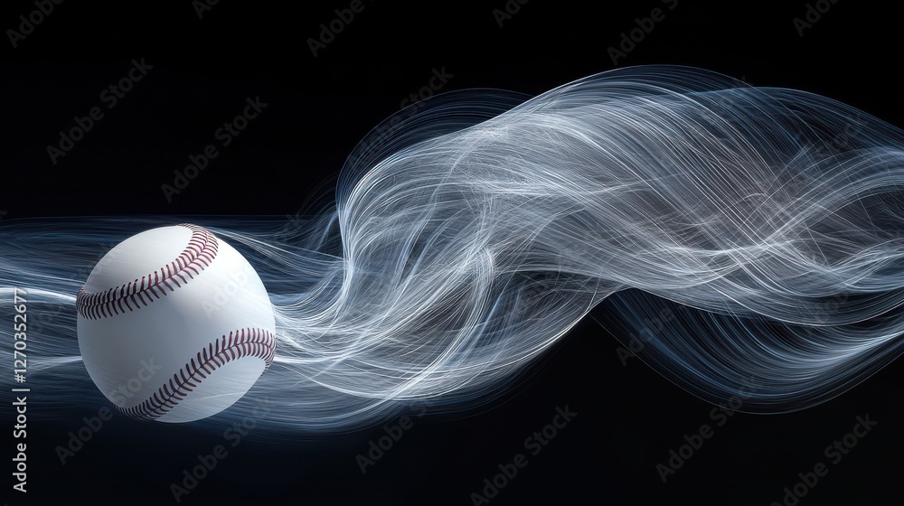 Poster minimalist 3d rendering of a baseball in motion with dynamic flow and elegant light trails