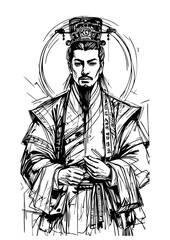 Ancient Chinese Emperor Portrait – Traditional Ink Line Art, Imperial Dynasty Illustration, Historical Royalty Sketch, Asian Cultural Heritage, Hand-Drawn Monochrome Artwork, Legendary Emperor Figure
