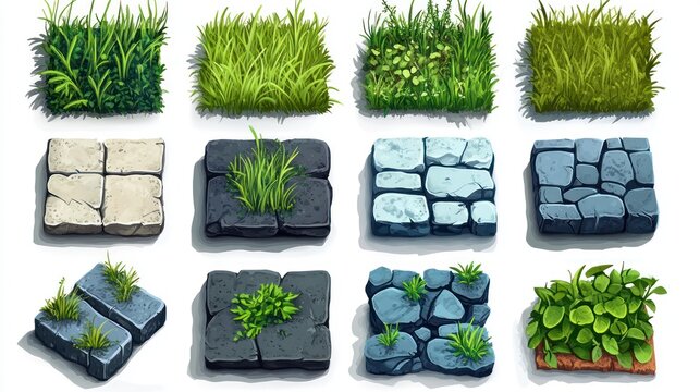 Game assets grass, stone textures, white background, 2D sprites