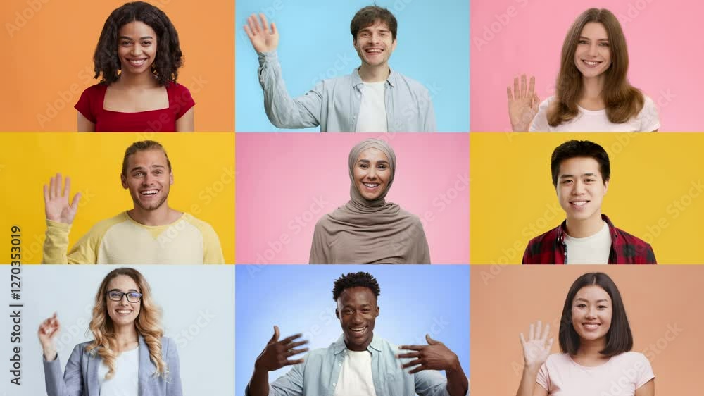 Aufkleber a joyful collection of smiling individuals from various backgrounds enthusiastically waving their ha
