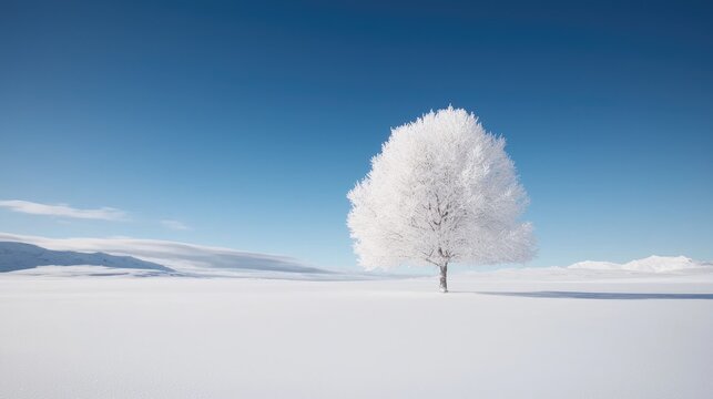 Frosty tree in snowy field, winter landscape