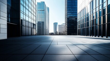 Fototapeta premium A sleek city plaza with a skyline and bold shadows. Featuring depth and perspective