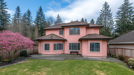 Obraz premium Stunning pink house backyard view, showcasing a beautifully landscaped lawn, blooming pink tree, and a spacious patio area.