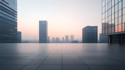 A sleek city plaza with a skyline at dawn. Featuring clarity and freshness