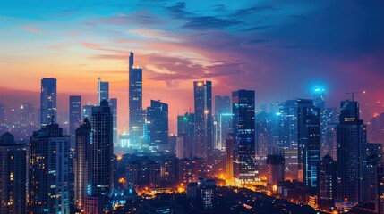 Stunning Urban Cityscape at Twilight with Vibrant Lights and Skyscrapers