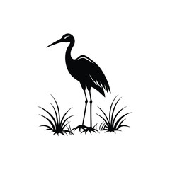Black and White Heron Bird Silhouette with Grass – Vector Illustration