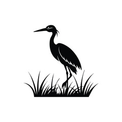 Black and White Heron Bird Silhouette with Grass – Vector Illustration