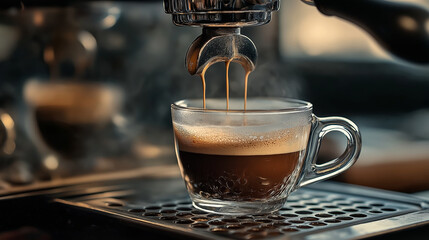 Coffee machine pouring espresso into glass cup: close-up of freshly brewed coffee