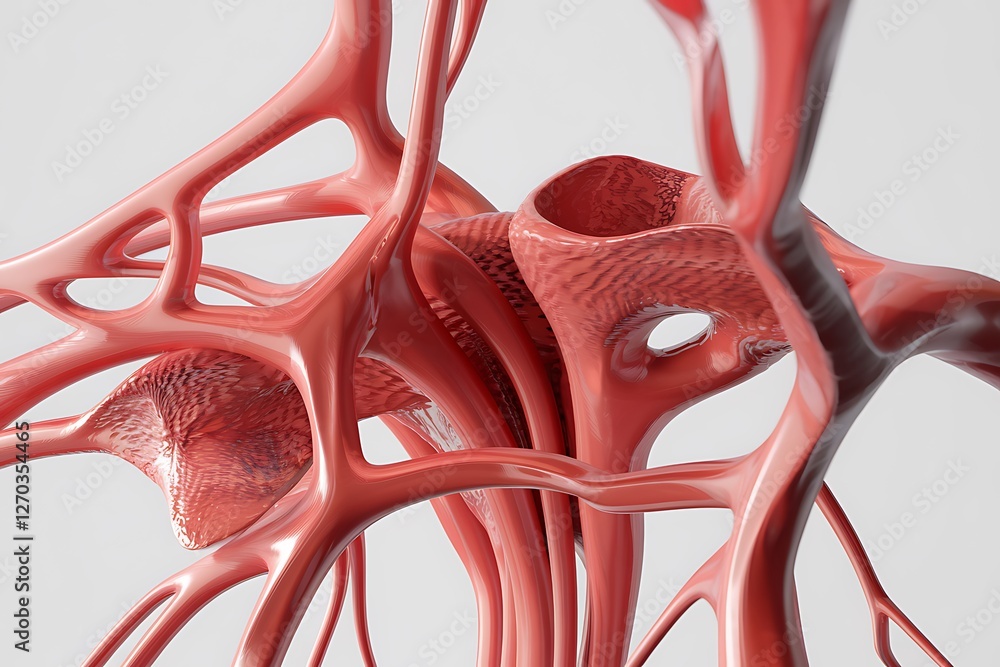 Fototapete a 3d render depicts an abstract, organic structure. intertwined, reddish tubes and vessels create a 