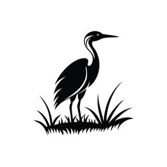 Black and White Heron Bird Silhouette with Grass – Vector Illustration