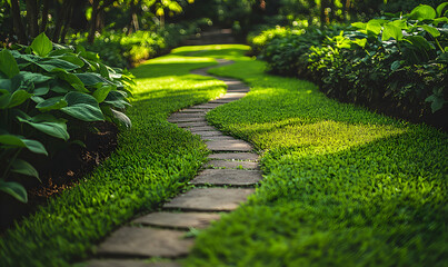 Serene garden path meandering through lush green grass and vibrant foliage. A tranquil escape in nature's embrace.