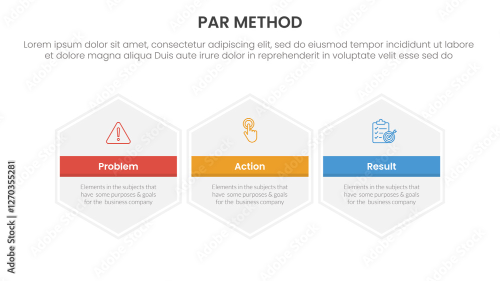 Poster par method infographic 3 point with big hexagon hexagonal horizontal for slide presentation