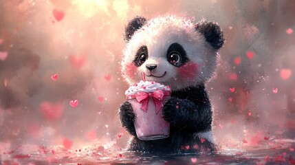 Fototapeta premium Cute Panda Drinking Shake, Hearts, Forest, Valentine's