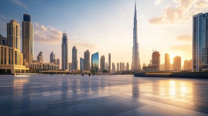 A sleek city plaza with a skyline at golden hour. Featuring warmth and elegance