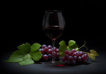 Glass of red wine sits beside fresh purple grapes and vibrant green grape leaves against a dark background