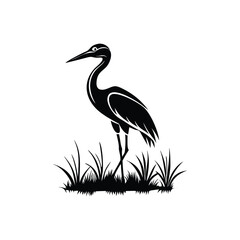 Black and White Heron Bird Silhouette with Grass – Vector Illustration
