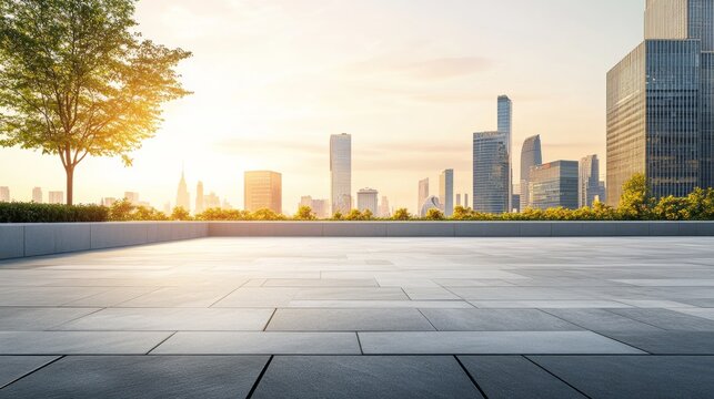 A sleek city plaza with a skyline at golden hour. Featuring warmth and elegance