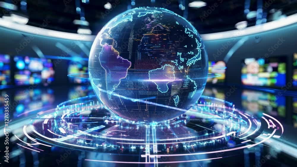 Poster futuristic video concept of a digital globe with data overlays. low-angle shot in a high-tech enviro