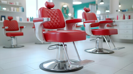 Red barber chairs in modern salon,  client waiting.  Use business website