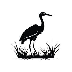  Black and White Heron Bird Silhouette with Grass – Vector Illustration