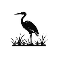  Black and White Heron Bird Silhouette with Grass – Vector Illustration