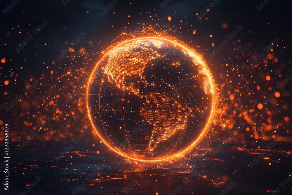 Poster fiery glowing earth globe with digital lines. ideal for tech, global network, and connection concept