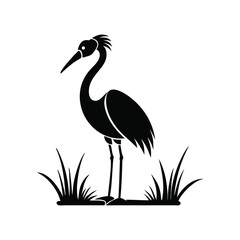 Black and White Heron Bird Silhouette with Grass – Vector Illustration