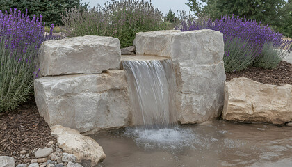 Serene stone waterfall feature nestled amongst vibrant lavender. Ideal for landscaping, garden design, and relaxation themes.