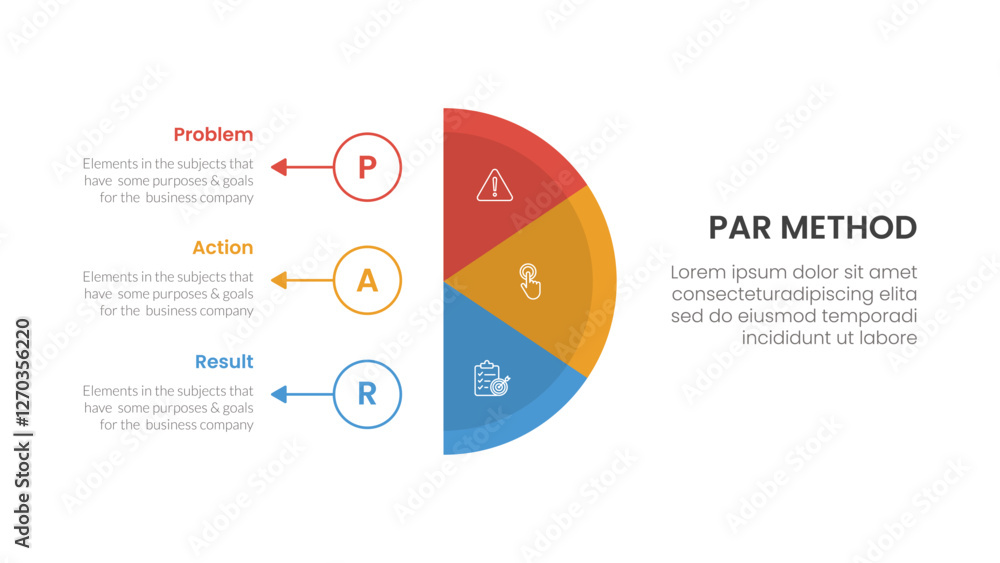 Poster par method infographic 3 point with vertical half circle with outline circle and arrow for slide pre