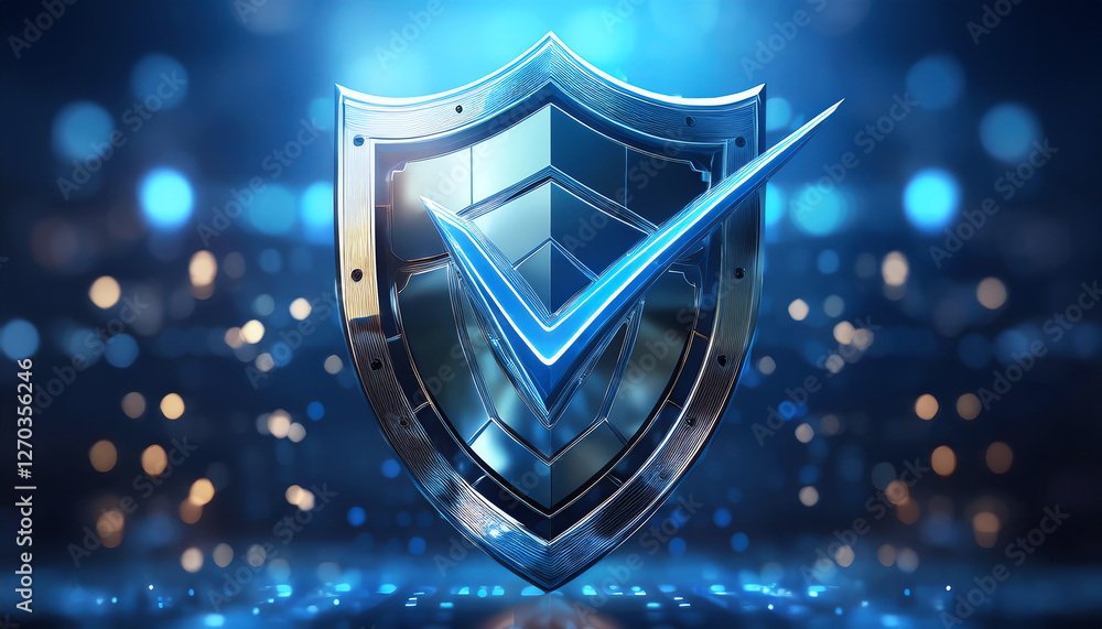 Poster a digital shield emblem representing security and protection with a blue checkmark, surrounded by a 