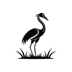  Black and White Heron Bird Silhouette with Grass – Vector Illustration