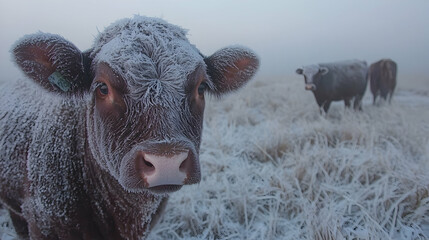 Frosty cattle grazing in foggy field; winter livestock