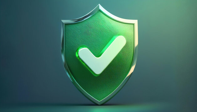 A glossy green shield featuring a white checkmark symbolizes security and trust.